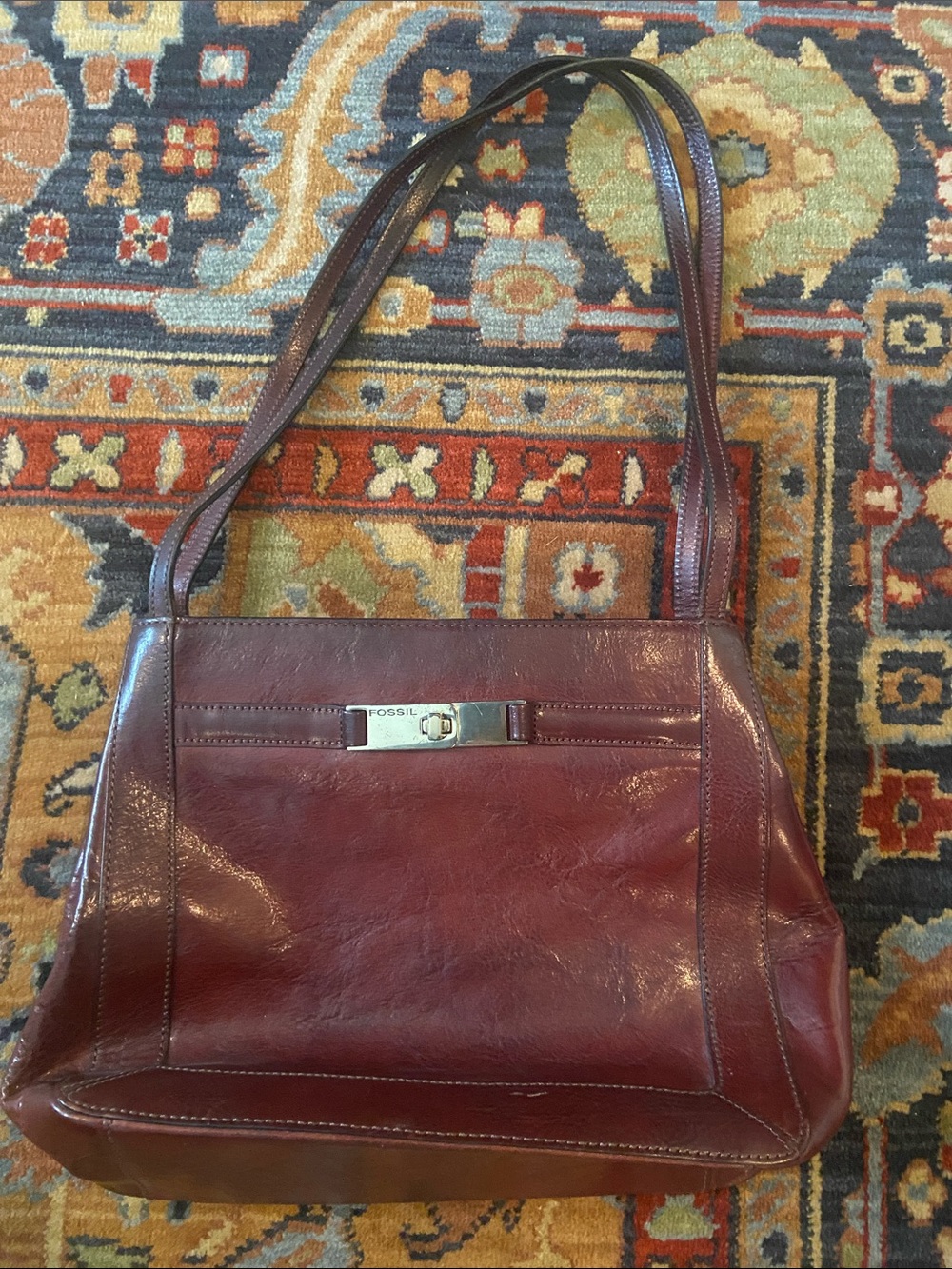 Fossil Burgundy/Brown Leather Double-Strap Shoulder Bag